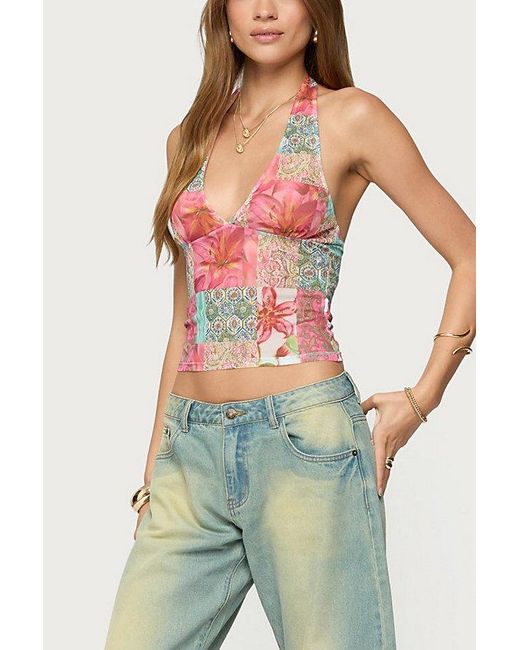 Edikted Pink Catie Printed Mesh Halter Top