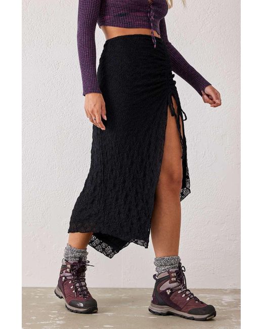 Urban Outfitters Uo Black Ruched Lace Maxi Skirt