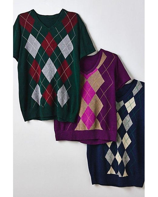 Vintage & ReMADE by UO Blue Remade By Uo Short Sleeve Argyle Sweater