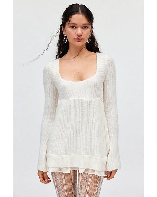 Kimchi Blue White Hannah Ruffle Trim Babydoll Sweater