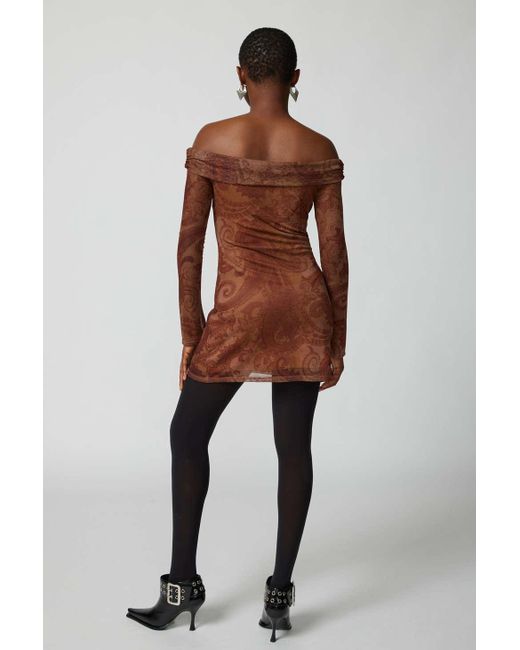 Urban Outfitters Brown Uo Isla Long Sleeve Off-the-shoulder Mini Dress