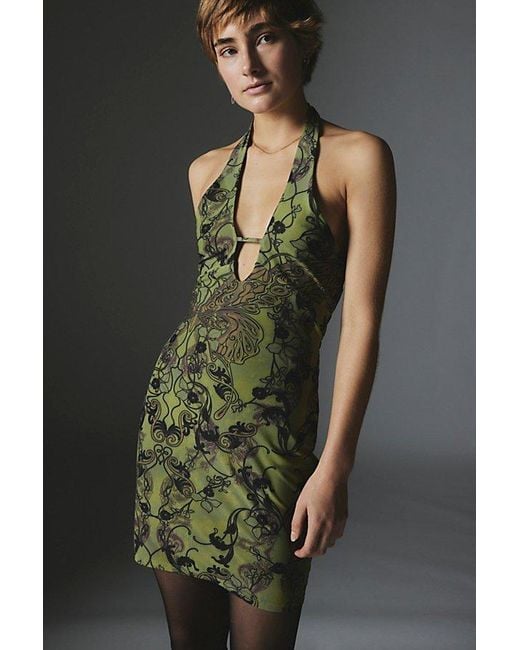 Silence + Noise Green Printed Plunging Mini Dress
