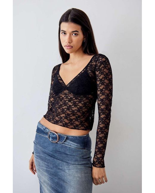 Out From Under Blue Lace V-neck Long-sleeved Top