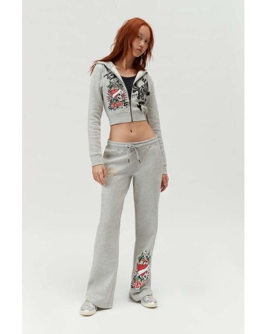 Ed Hardy Gray Heart Roses Graphic Sweatpant In Grey,at Urban Outfitters