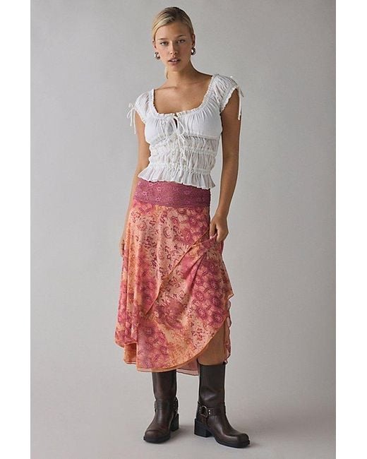 Kimchi Blue Pink Ethereal Lace Trim Semi-Sheer Mesh Midi Skirt