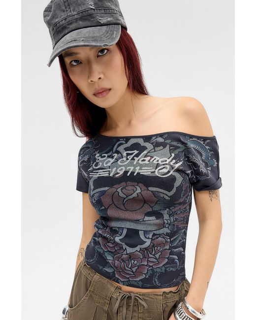 Ed Hardy Black Uo Exclusive Cross Rose Off-shoulder Graphic Tee