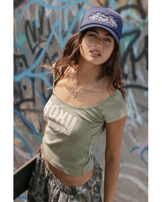 Roxy Blue Uo Exclusive Embroidered Trucker Cap