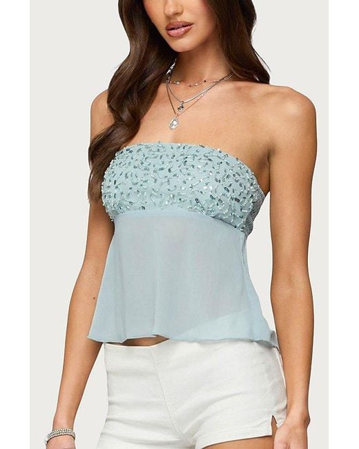 Edikted Blue Beadie Sheer Chiffon Strapless Top