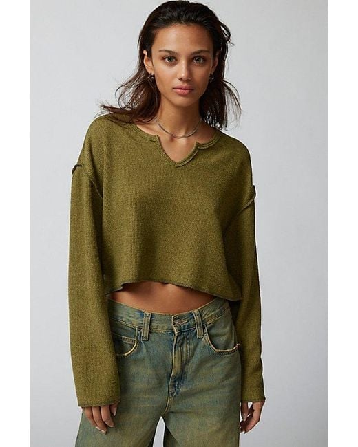 Urban Outfitters Green Uo Parker Notch Neck Long Sleeve Top