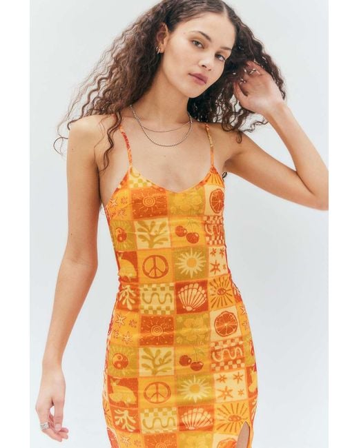 Daisy Street Orange Printed Mesh Midi Dress