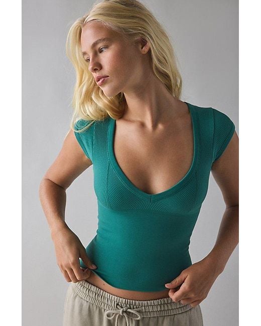Out From Under Green Jade Seamless Knit Cutout Short Sleeve Tee