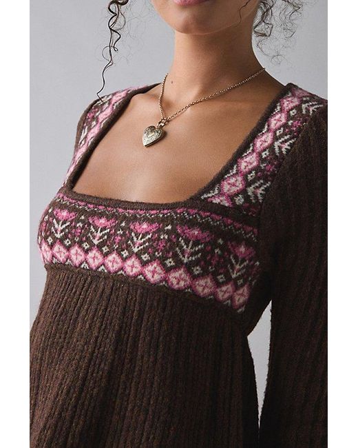Kimchi Blue Brown Hannah Printed Ruffle Trim Babydoll Sweater