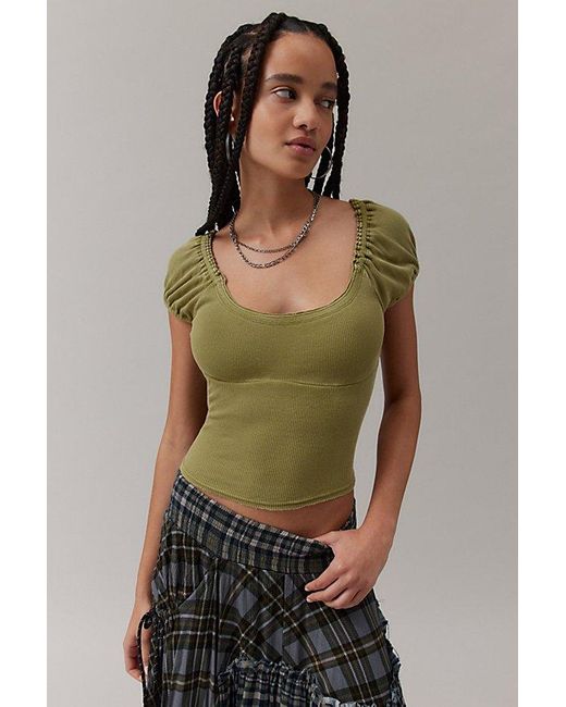 BDG Green Charlie Puff Sleeve Fitted Top