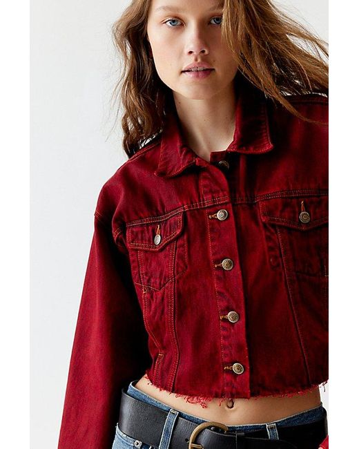 Urban Renewal Red Remade Overdyed Cropped Y2K Denim Jacket