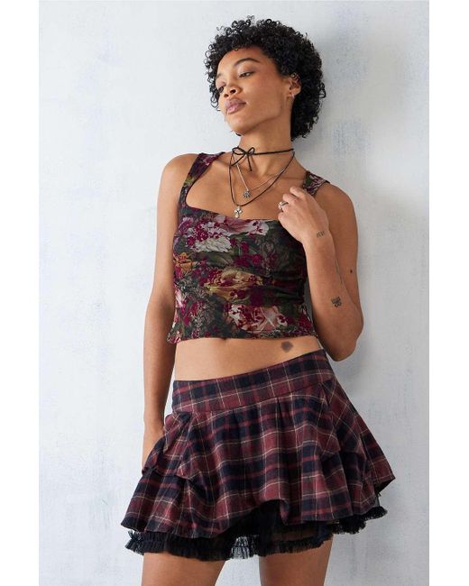Urban Outfitters Red Uo Tartan Hitched Tulle Puffball Mini Skirt
