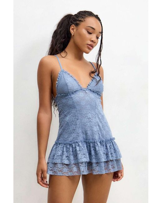 Out From Under Blue Ruffle Y2k Sheer Lace Babydoll Dress