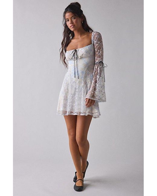 Kimchi Blue Alina Ribbon Trim Lace Bell Sleeve Mini Dress in Gray | Lyst