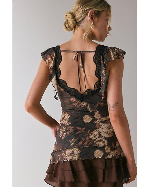 Kimchi Blue Brown Nelly Ruffled Mesh Tie-Back Tunic Top