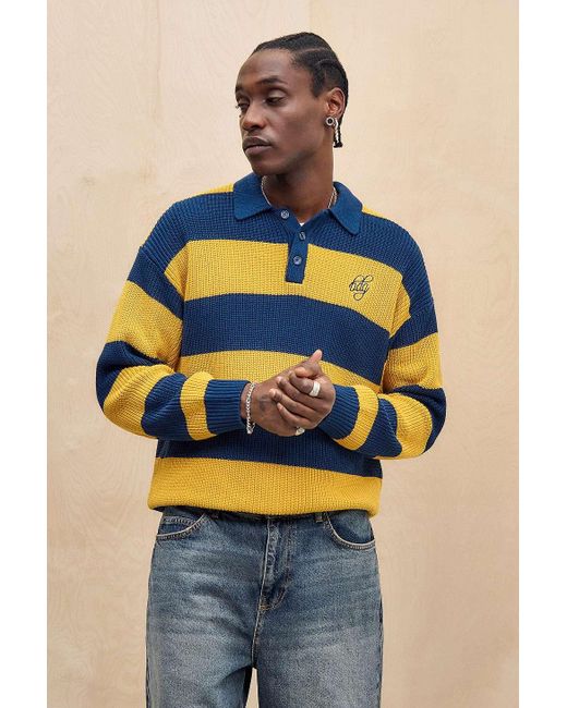 BDG Blue Navy & Yellow Striped Knit Rugby Shirt for men