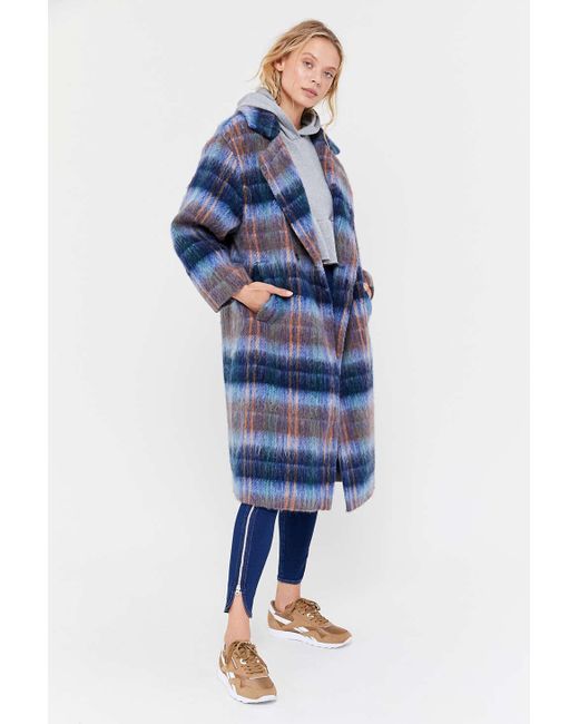Urban Outfitters Blue Uo Oversized Plaid Wool Overcoat