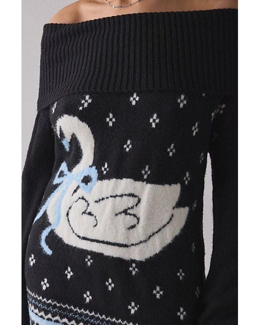 BDG Black Suzie Swan Femme Fair Isle Off-The-Shoulder Sweater Mini Dress
