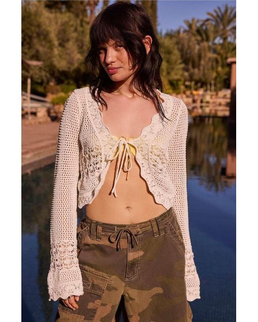 Urban Outfitters Natural Uo Rhodes Stitchy Tie-front Cardigan
