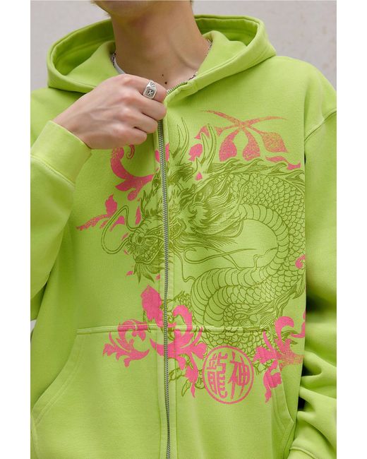 Urban Outfitters Green Uo Lime Floral Dragon Zip-through Hoodie for men