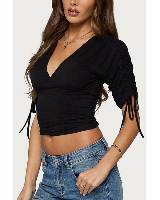 Edikted Black Muriel Drawstring V Neck Top