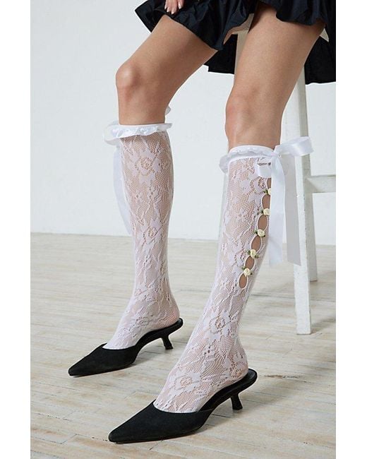 Urban Outfitters Gray Lacey Lace-Up Knee High Sock