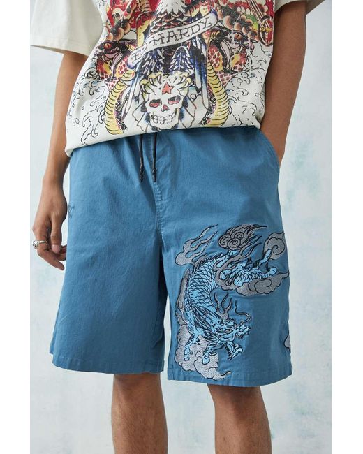 Ed Hardy Blue Uo Exclusive Dragon Embroidered Shorts for men
