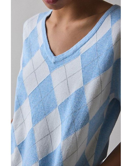 Vintage & ReMADE by UO Blue Remade By Uo Short Sleeve Argyle Sweater