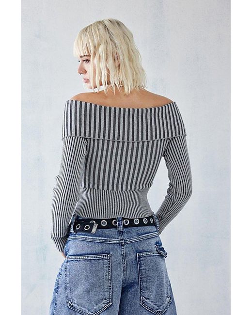 Urban Outfitters Gray Uo Plated Knit Zip-Through Bardot Top