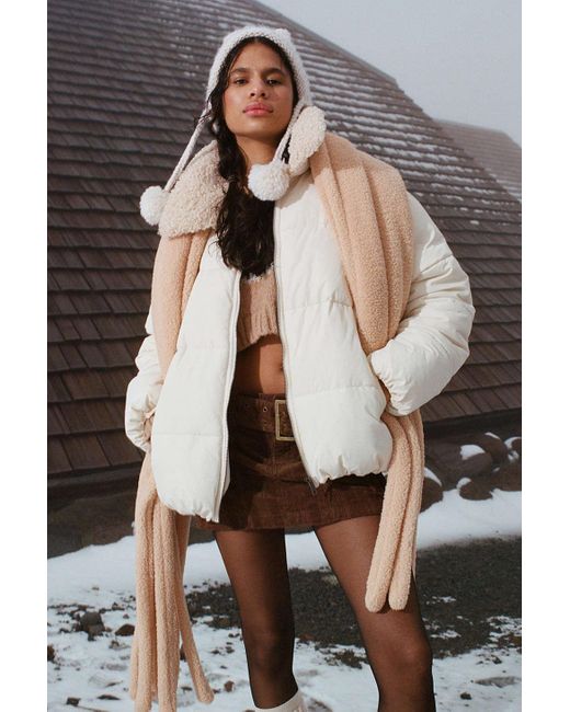 Urban Outfitters Brown Uo Duckie Faux Shearling Collar Puffer Jacket In Ivory,at