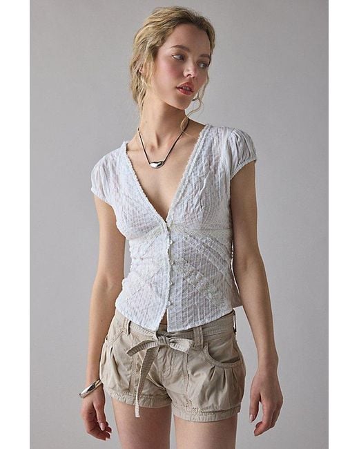 Kimchi Blue Gray Robyn Ruffle + Lace Trim Puff Sleeve Button-Up Blouse