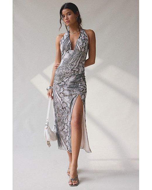 Urban Outfitters Uo Deep Plunge Halter Ruched Mesh Midi Dress | Lyst