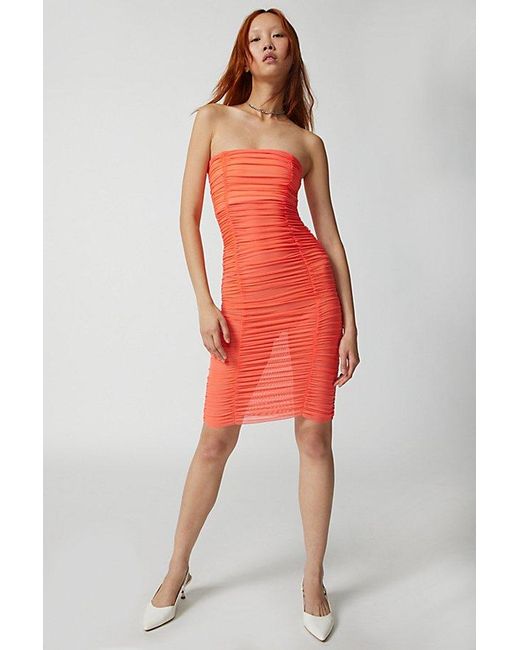 Urban Outfitters Red Uo Mia Sheer Mesh Ruched Midi Dress