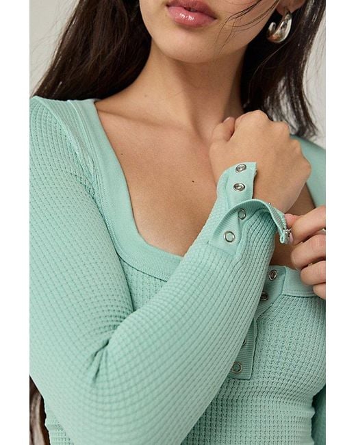 Out From Under Green Tripp Waffle Knit Long Sleeve Henley Top