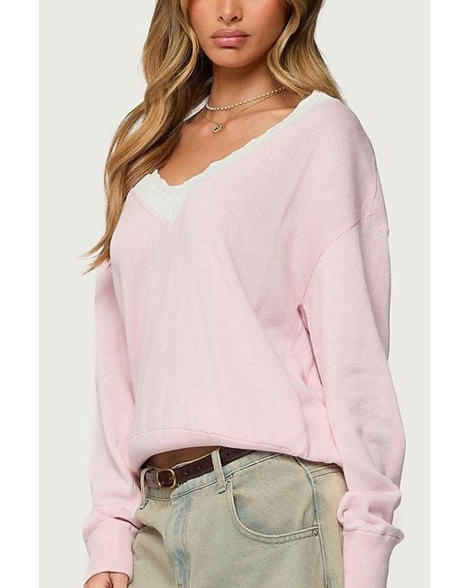 Edikted Pink Marie Contrast Lacey V Neck Sweater