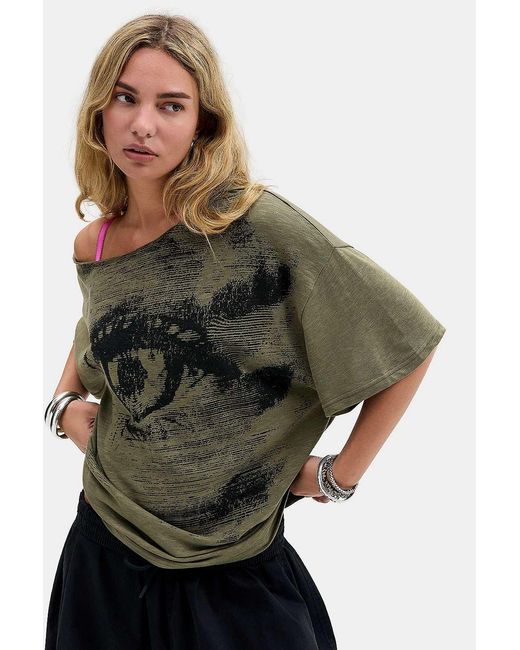 BDG Gray Courtney Eye Off-shoulder T-shirt