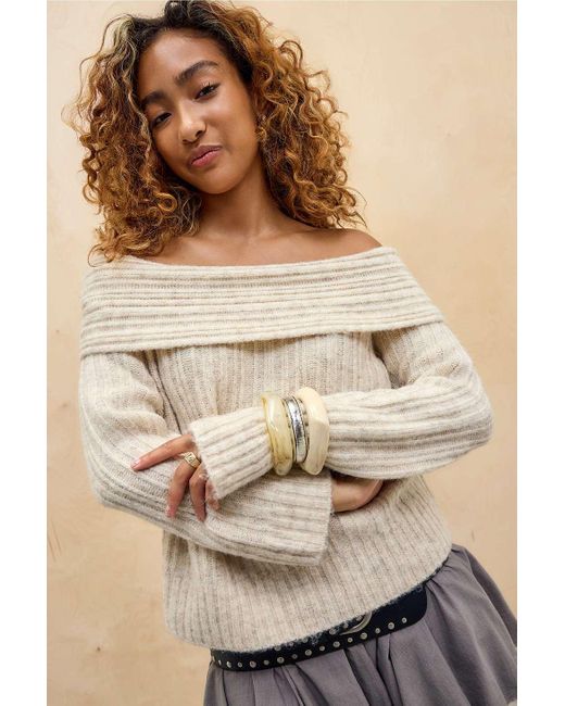 Kimchi Blue Brown Bardot Off-the-shoulder Jumper