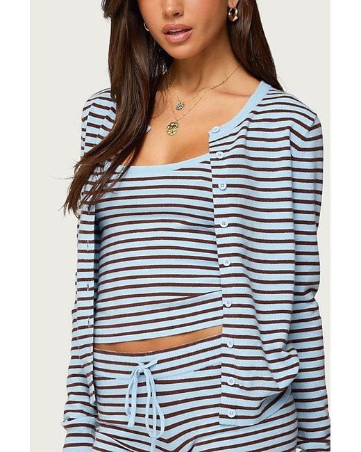 Edikted Blue Lillian Striped Button Up Knit Cardigan