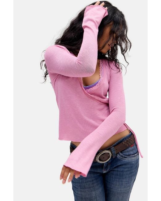 Kimchi Blue Pink Juliette Lace Trim Wrap Top