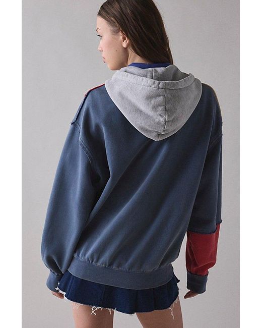 BDG Blue Dusty Colorblock Patchwork Oversized Zip-Up Hoodie Sweatshirt