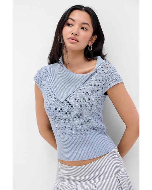 Urban Outfitters Blue Uo Short Sleeve Pointelle Fine Knit Top