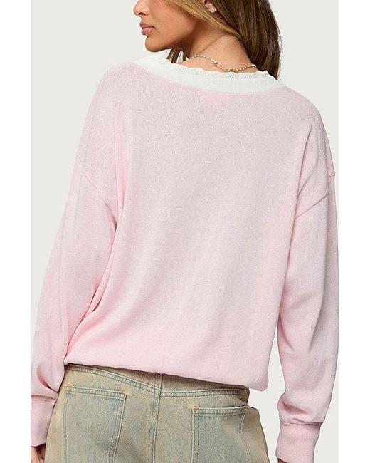 Edikted Pink Marie Contrast Lacey V Neck Sweater