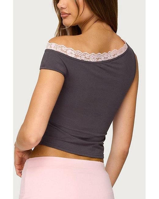 Edikted Multicolor Contrast Lace Asymmetric Off Shoulder Top