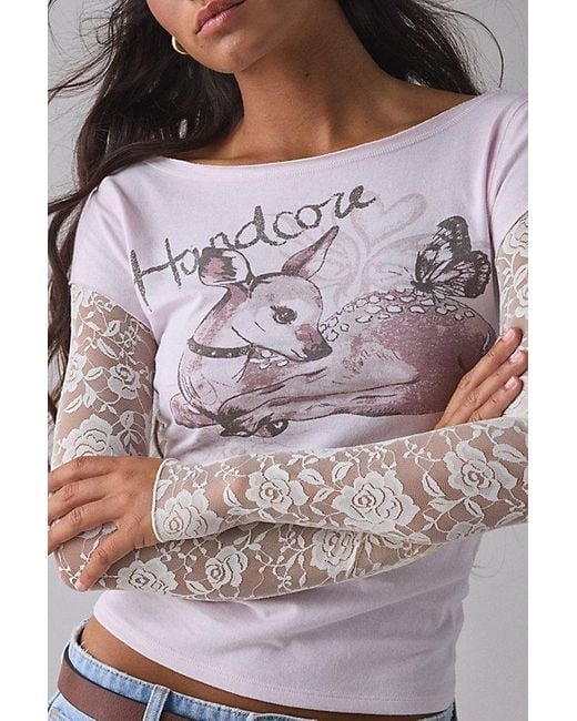 BDG Pink Sloane Graphic Lace Layered Twofer Long Sleeve Tee