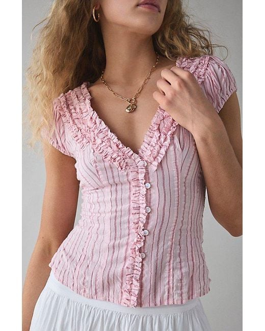 Kimchi Blue Pink Ria Ruffle Cotton Gauze Button-Front Blouse