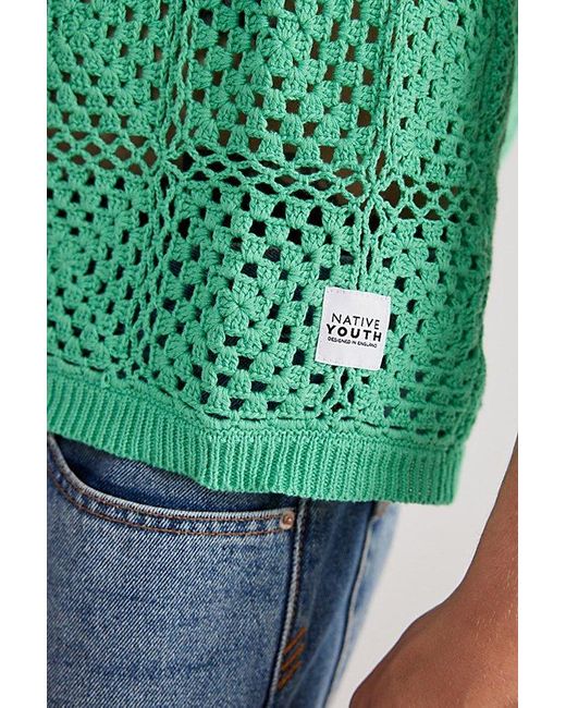 Native Youth Green Maddox Crochet Vest Jacket for men