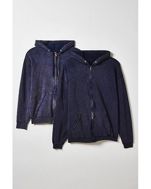 Vintage & ReMADE by UO Blue Remade By Uo Acid Wash Zip-Up Hoodie Sweatshirt for men